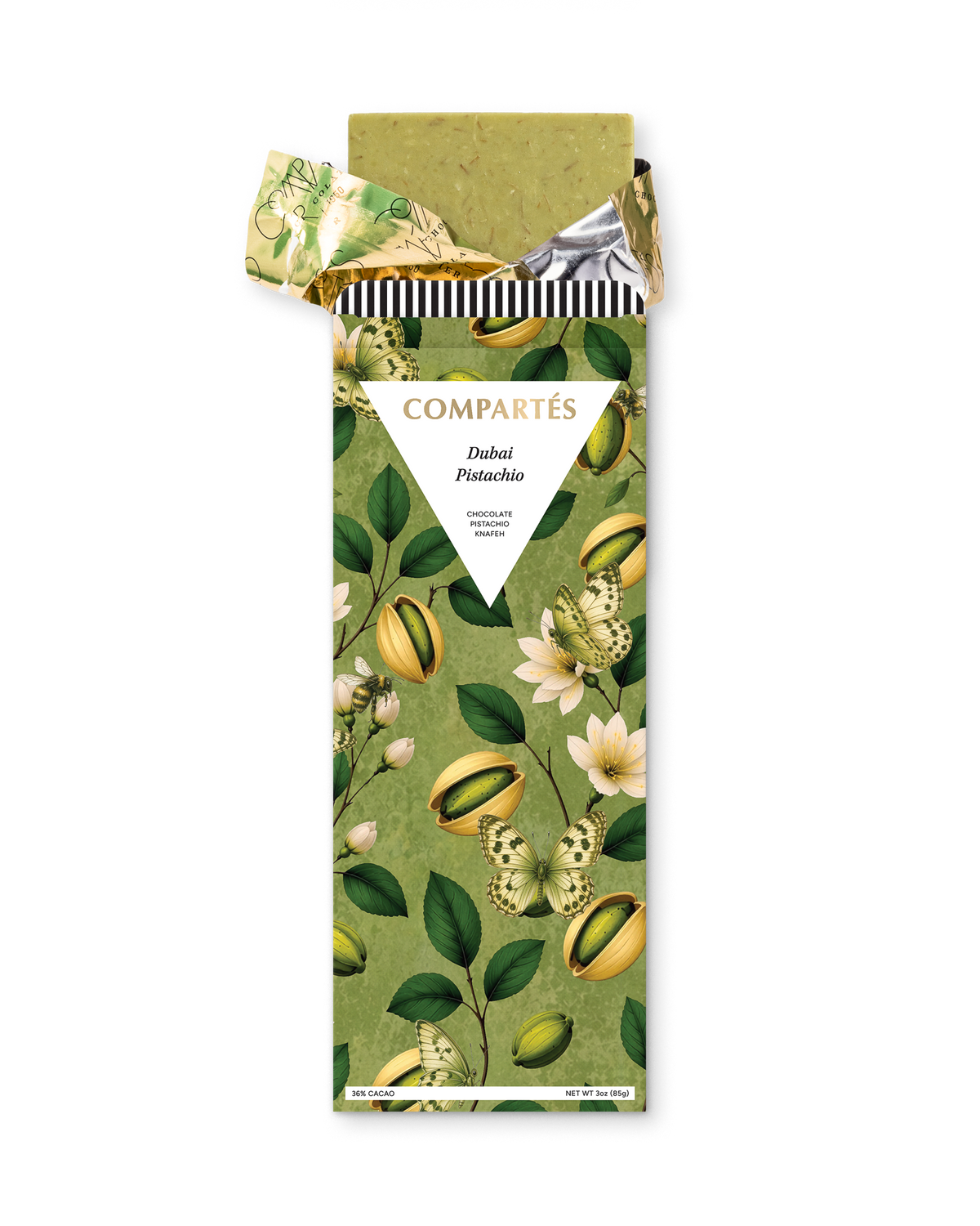 Compartes luxury dubai pistachio knafeh chocolate bar, green botanical wrapper, chocolate gift