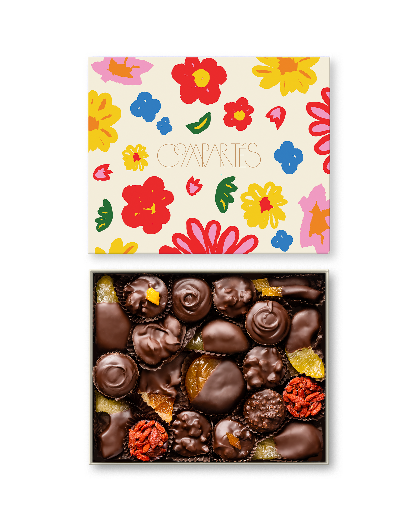 Compartes luxury chocolate gift box, vegan dark chocolate dipped fruit under a cream floral lid