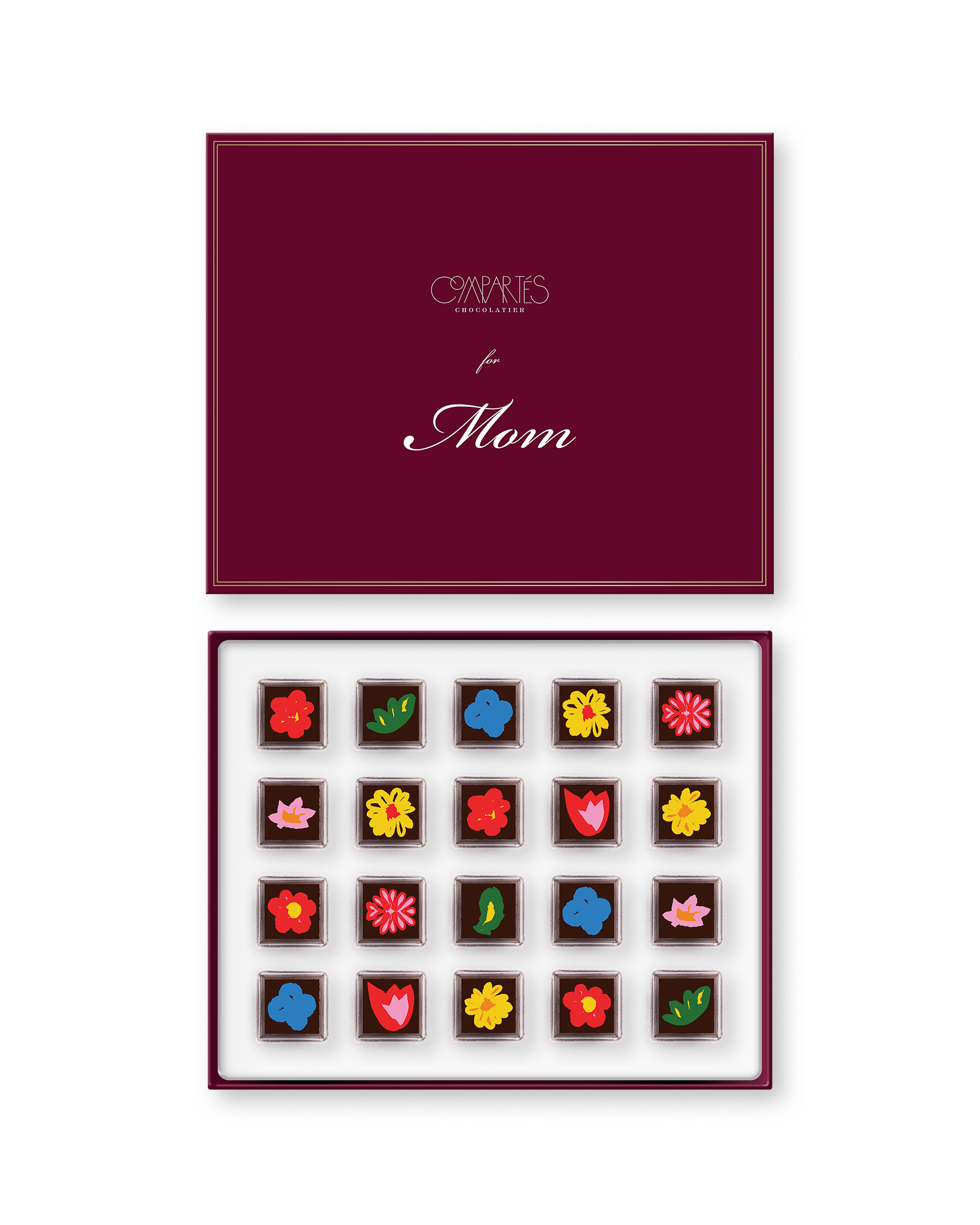 Compartes luxury floral truffles gift box, chocolate flowers in rich red and pink on dark squares