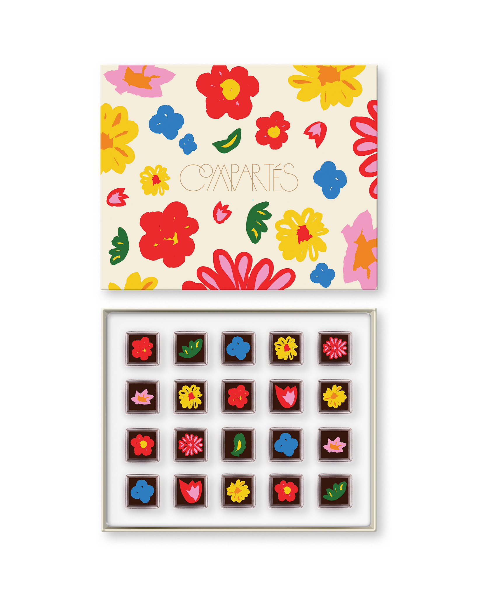 Compartes luxury floral truffles gift box, cream lid with flower art, chocolates topped with flower designs