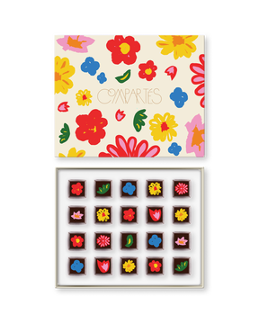 Compartes luxury floral truffles gift box, cream lid with flower art, chocolates topped with flower designs