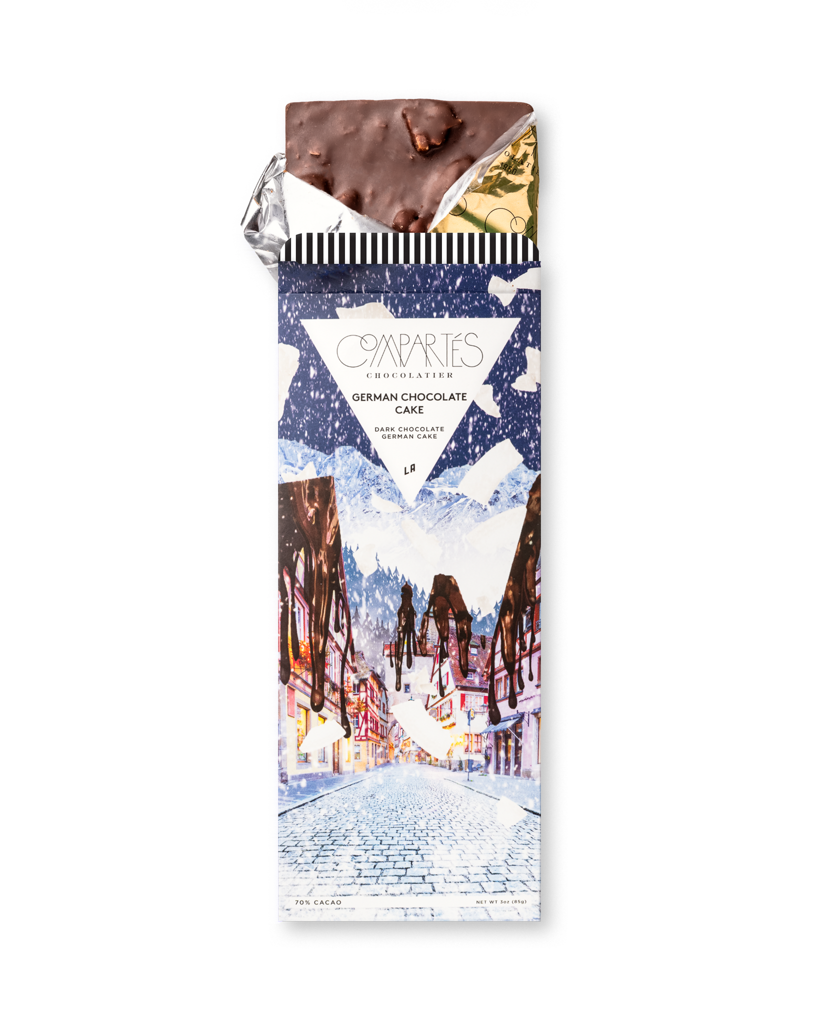 Compartes gourmet german chocolate cake gift bar, snowy village wrapper, dark chocolate with pecans, coconut