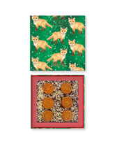 Compartes gingerbread bark chocolate luxury gift box, green fox lid and cookies set into the bark, crystallized ginger