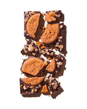 Compartes gourmet chocolate gift, dark chocolate bar with gingerbread cookies and candied ginger, crystallized ginger