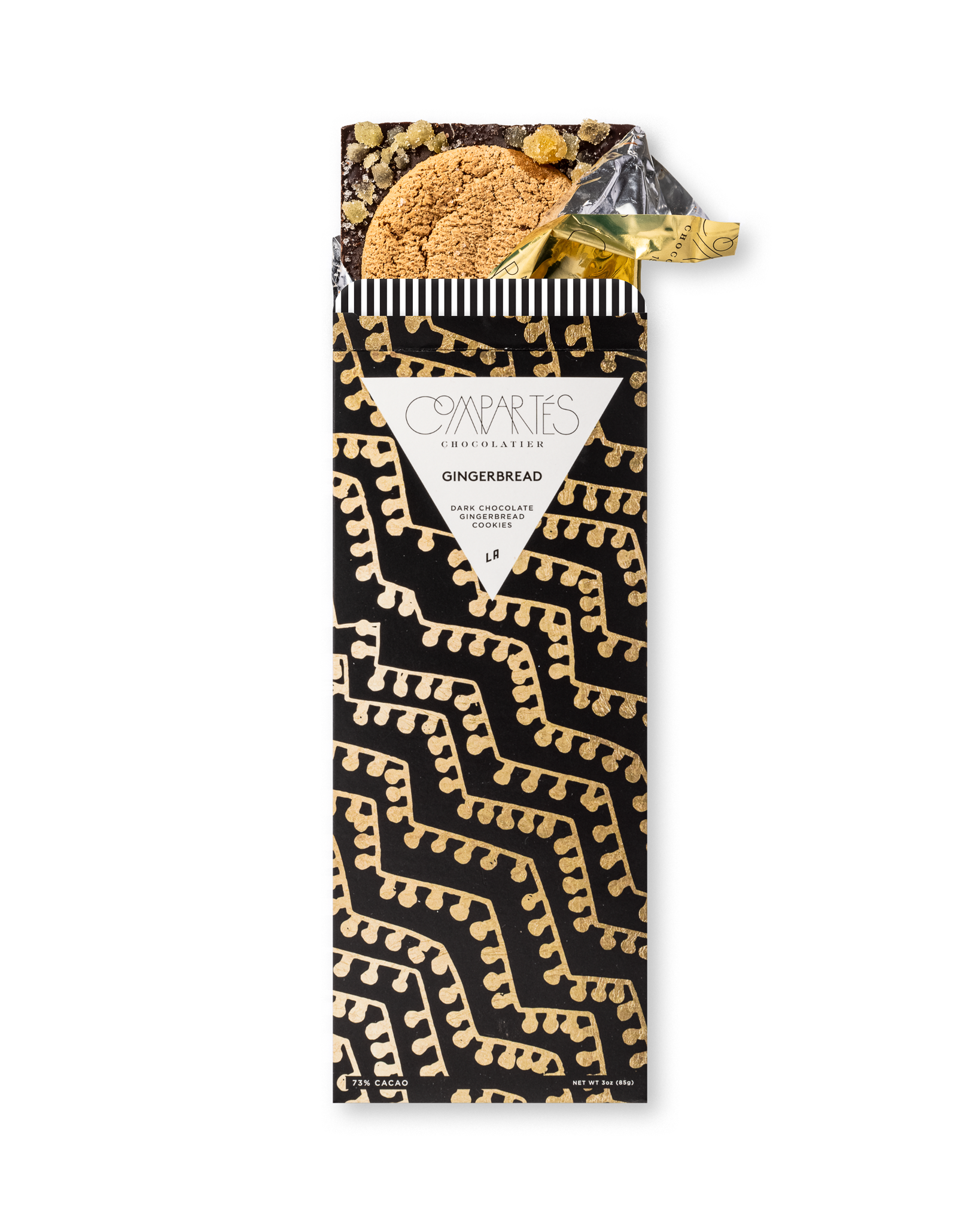 Compartes gourmet gingerbread cookies chocolate gift bar, black and gold wrapper, dark chocolate with cookies