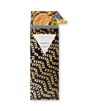 Compartes gourmet gingerbread cookies chocolate gift bar, black and gold wrapper, dark chocolate with cookies