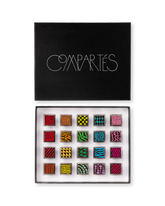 Compartes gourmet chocolate signature truffles gift box, patterned squares in rich red, green and pink