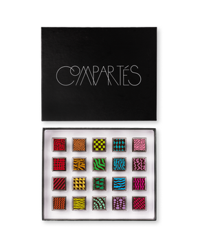 Compartes gourmet chocolate signature truffles gift box, patterned squares in rich red, green and pink