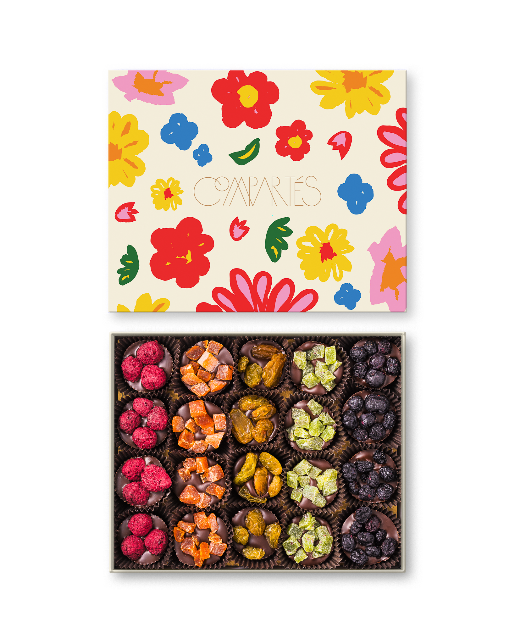 Compartes gourmet vegan fruit cluster chocolate gift box, dark chocolate with dried fruit, cream floral lid