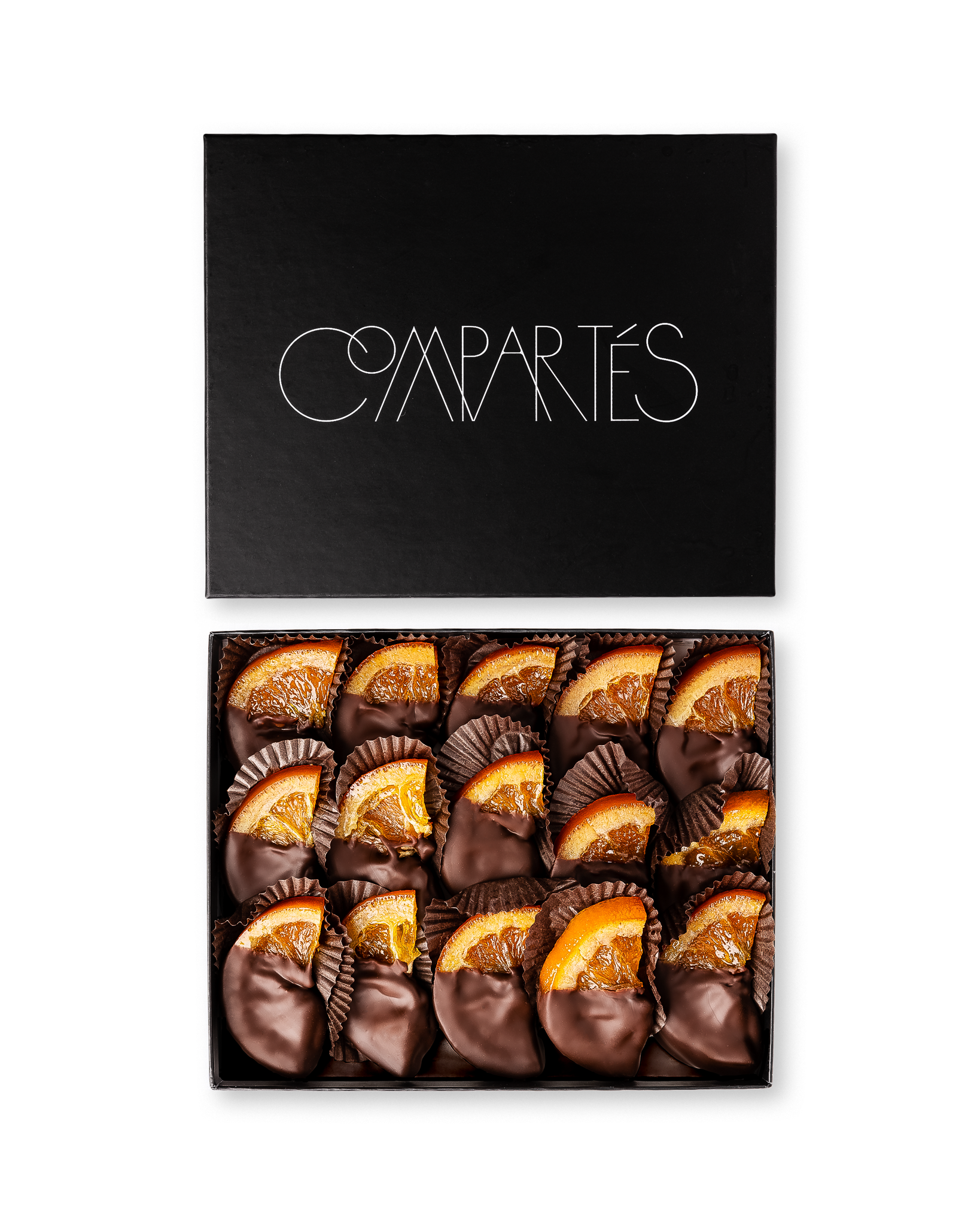 Compartes gourmet chocolate gift box, dark chocolate dipped candied orange slices in a black box