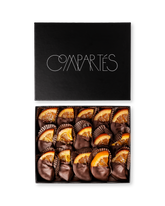 Compartes gourmet chocolate gift box, dark chocolate dipped candied orange slices in a black box