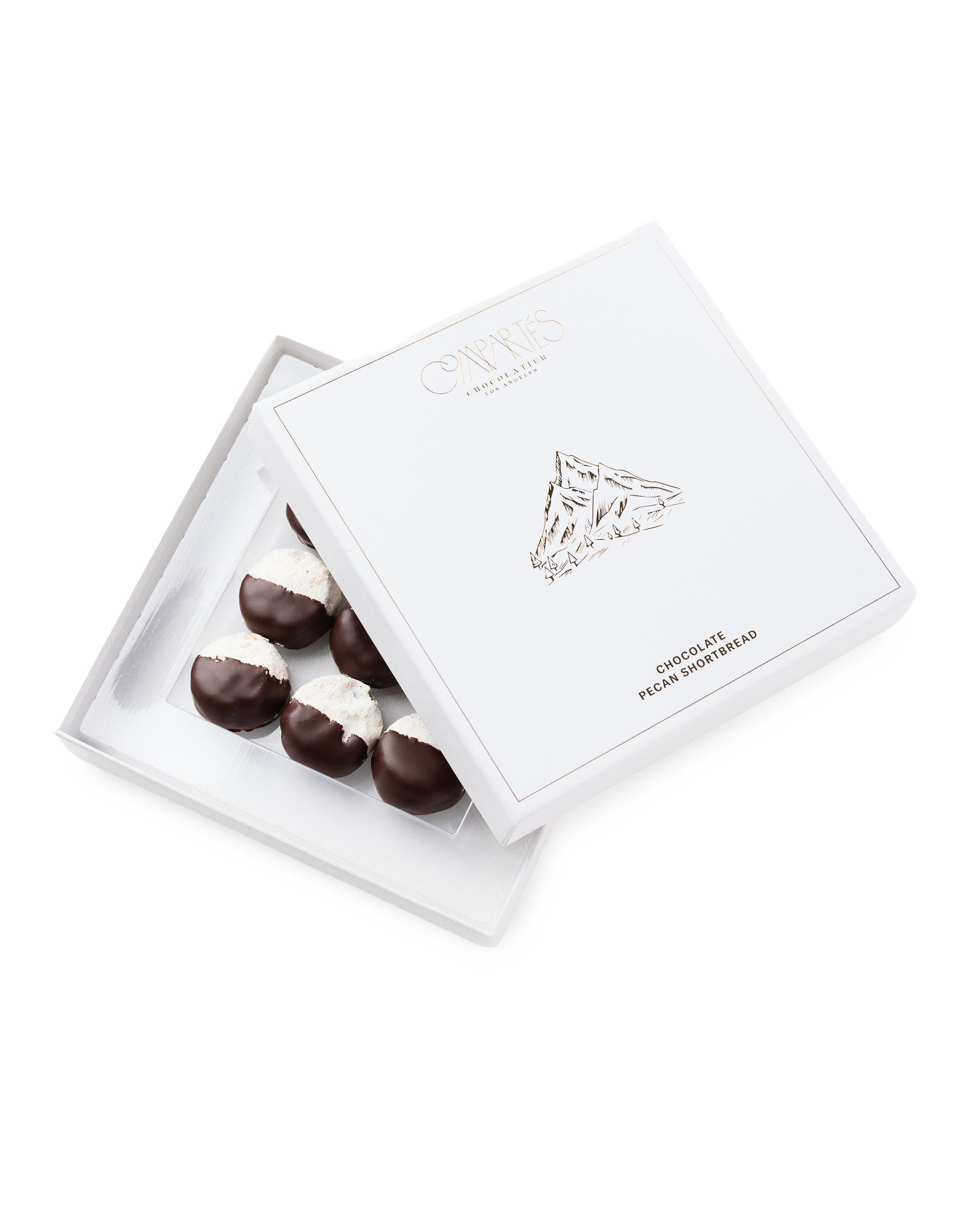 Compartes gourmet chocolate pecan shortbread cookies, white gift box with the lid set at an angle