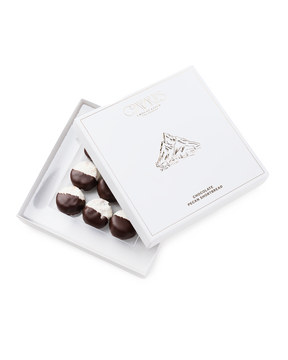 Compartes gourmet chocolate pecan shortbread cookies, white gift box with the lid set at an angle