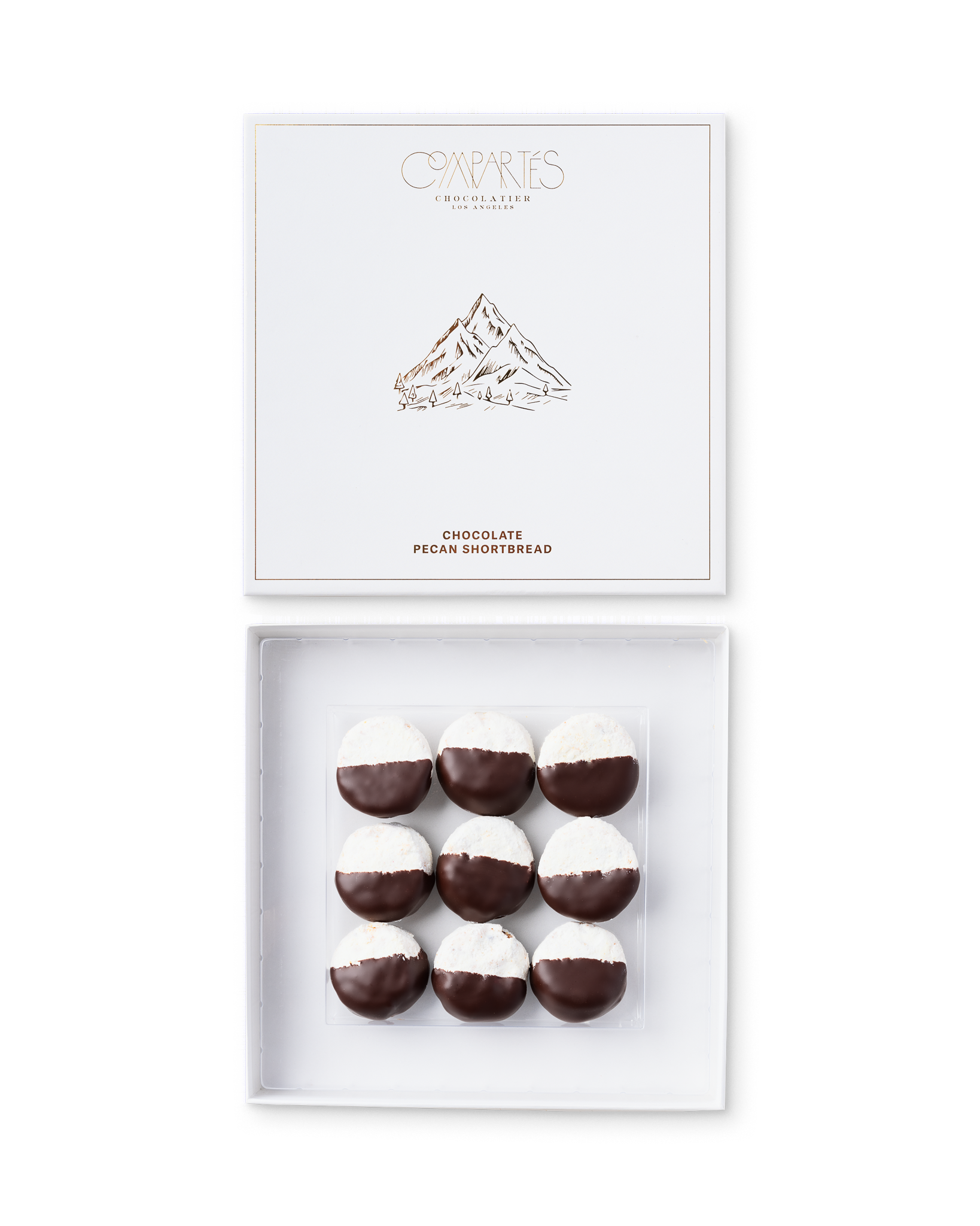 Compartes gourmet chocolate pecan shortbread cookies half dipped in dark chocolate, white gift box