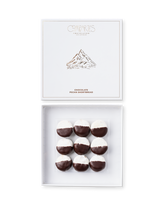 Compartes gourmet chocolate pecan shortbread cookies half dipped in dark chocolate, white gift box