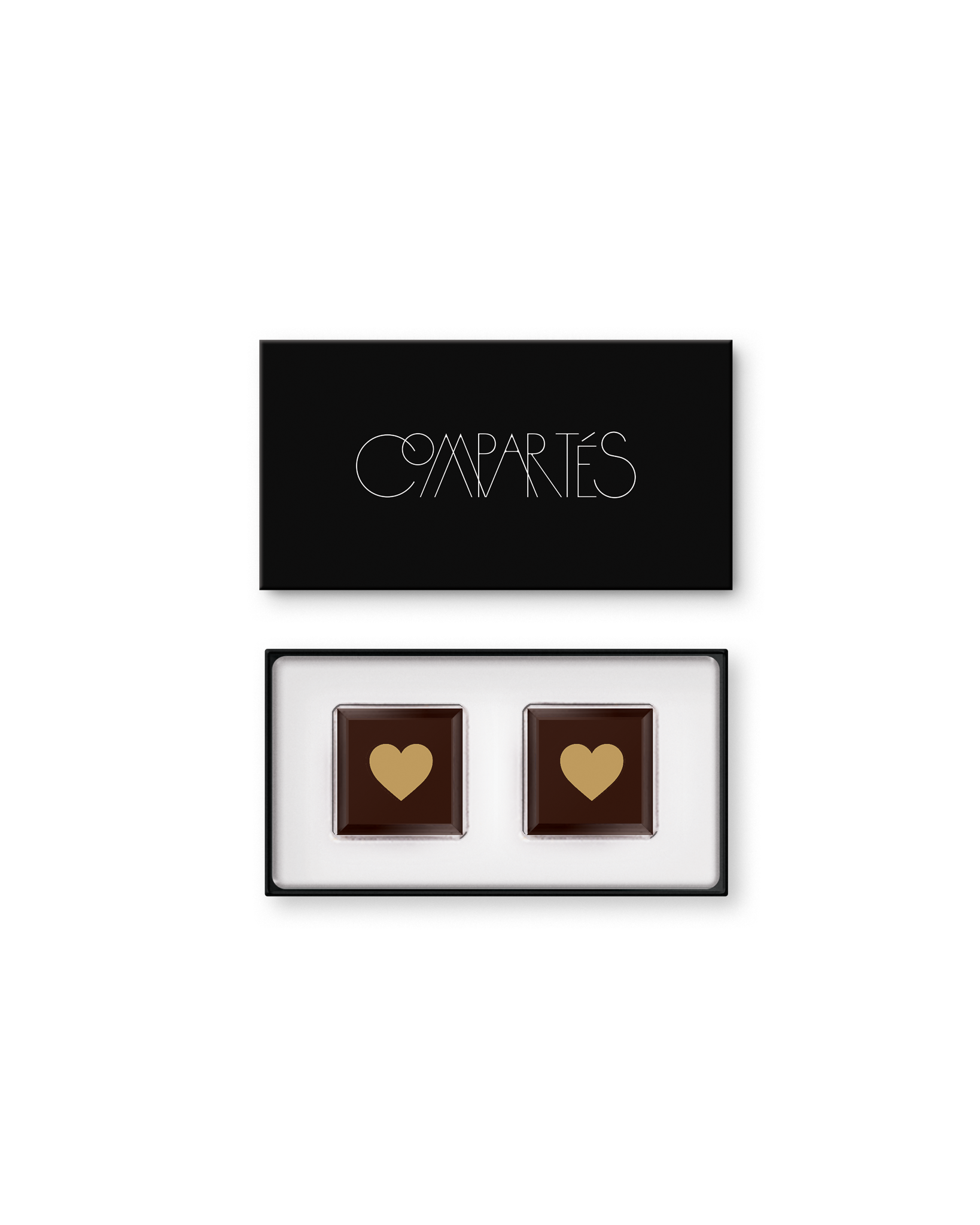 Compartes gourmet chocolate wedding favor, dark chocolate squares with gold hearts in a black gift box