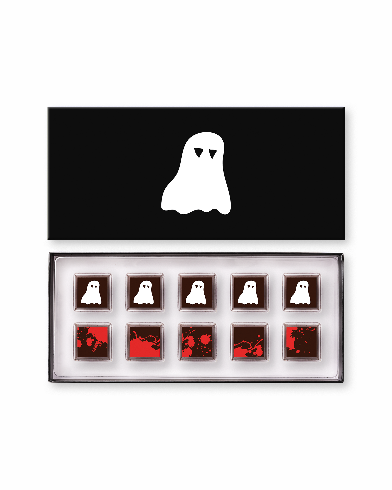 Compartes gourmet Halloween chocolates gift box, ghost and deep red squares in a black box, blood orange and marshmallow