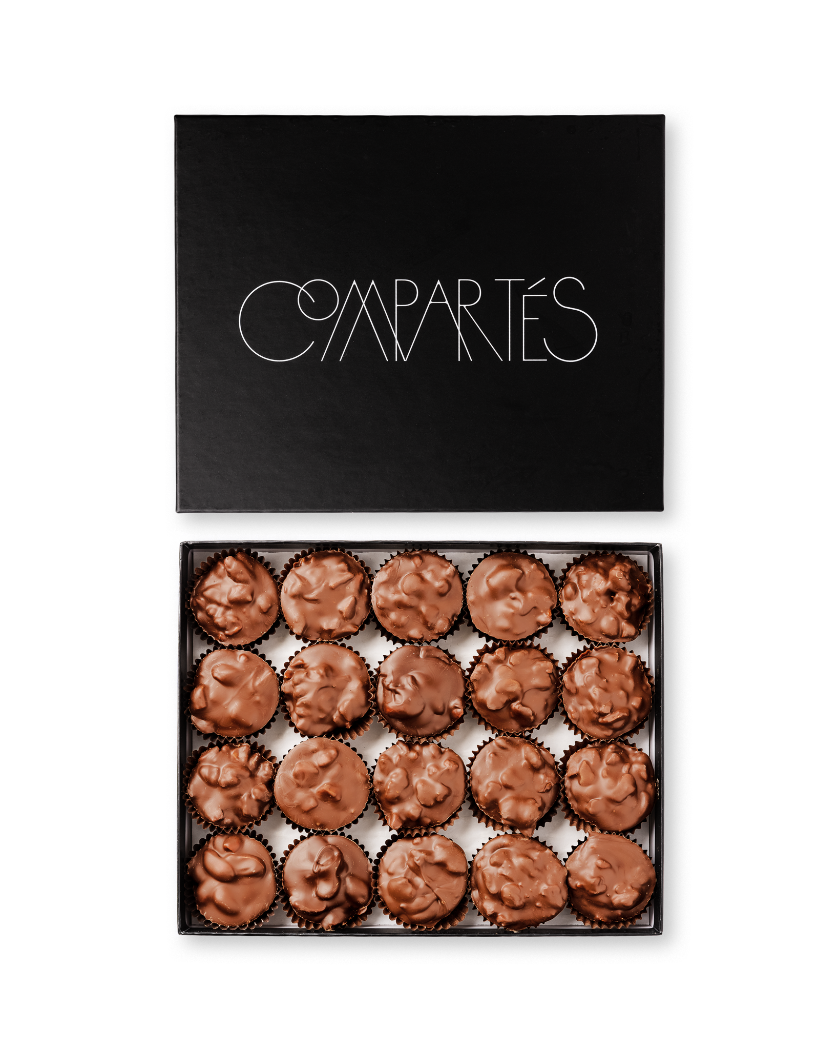 Compartes gourmet milk chocolate covered nuts, milk chocolate nut clusters in a black gift box