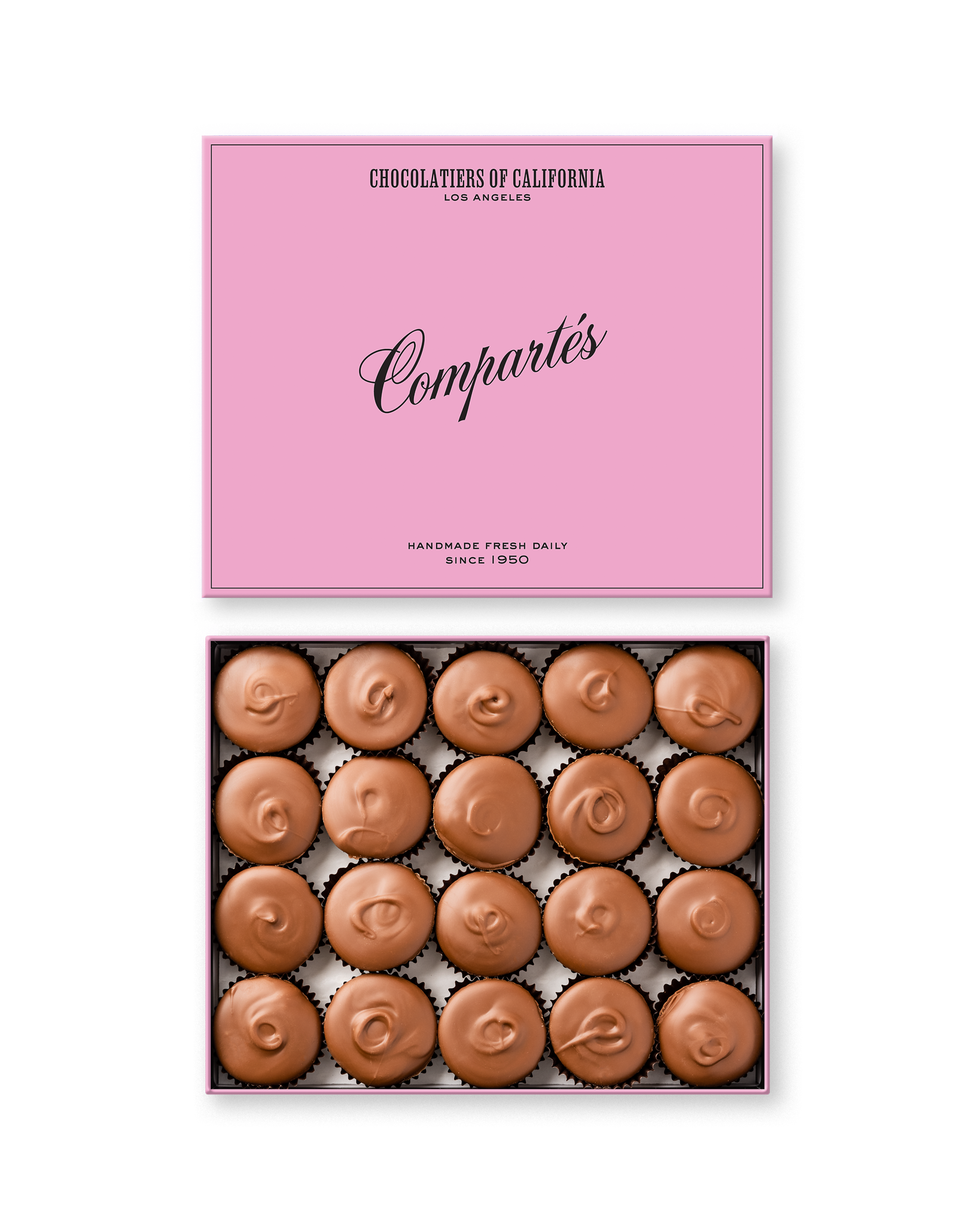 Compartes gourmet peanut butter cups in milk chocolate, swirled tops under a pink lid, chocolate gift