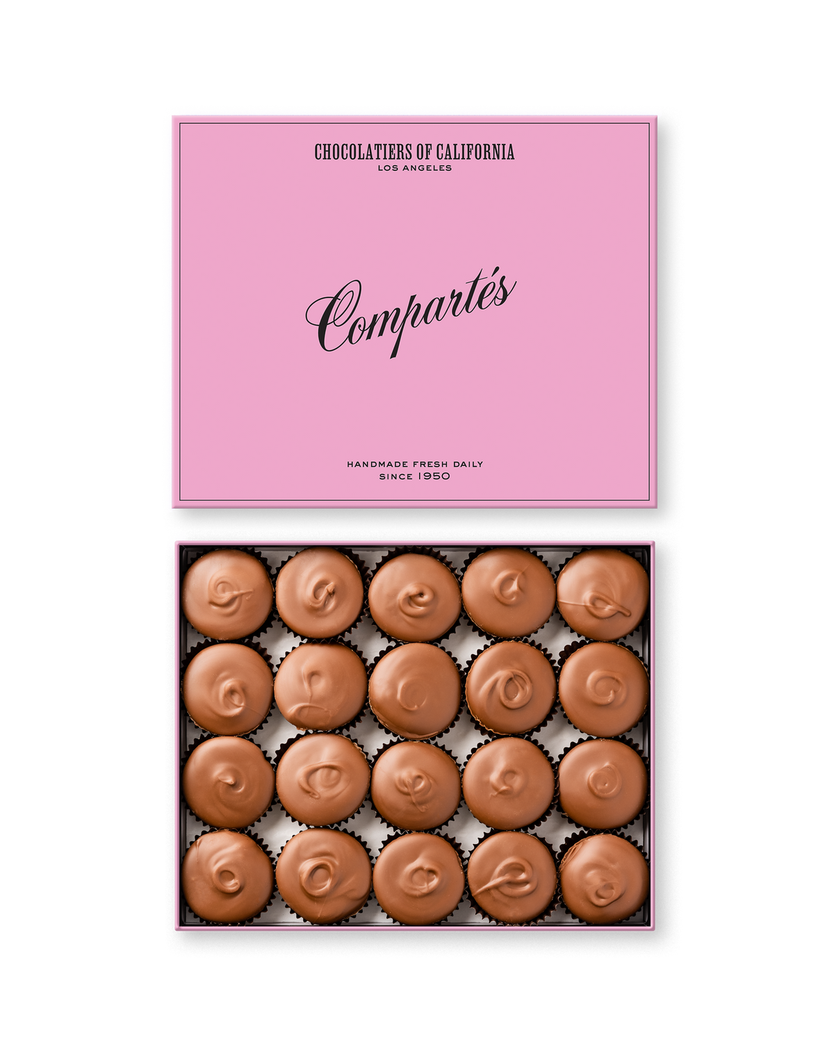 Compartes gourmet peanut butter cups in milk chocolate, swirled tops under a pink lid, chocolate gift