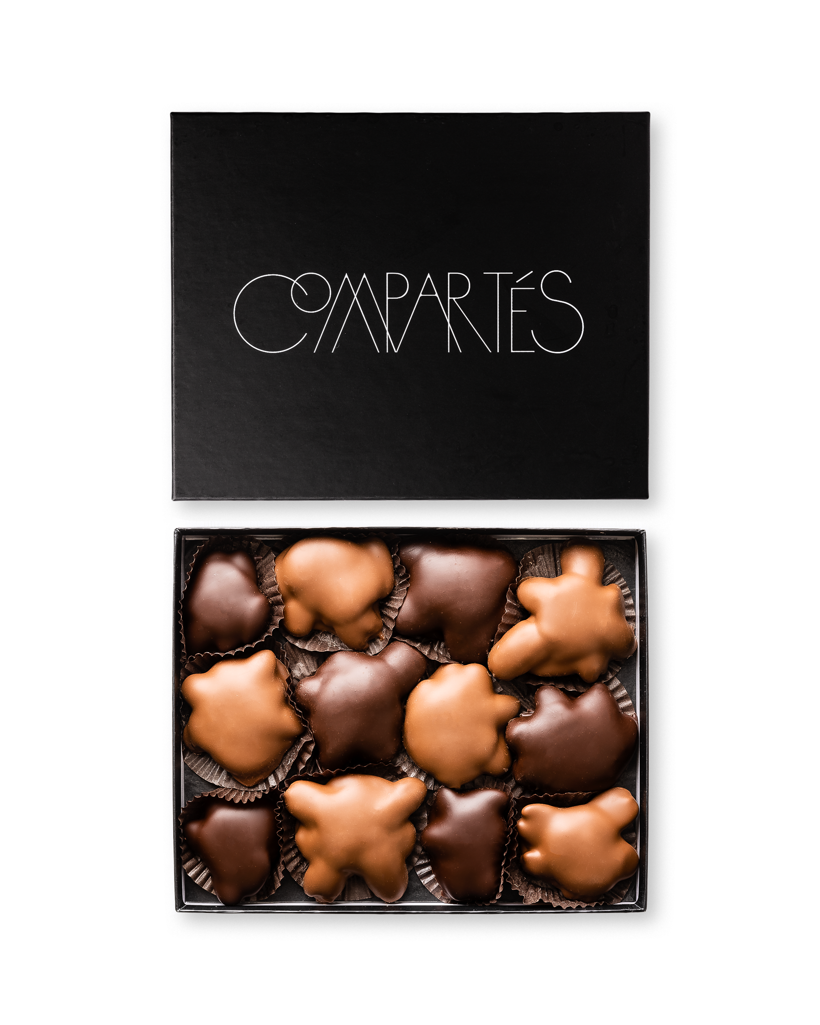 Compartes gourmet chocolate caramel bear claws gift box, dark and milk chocolate clusters, pecan and almond