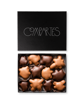Compartes gourmet chocolate caramel bear claws gift box, dark and milk chocolate clusters, pecan and almond
