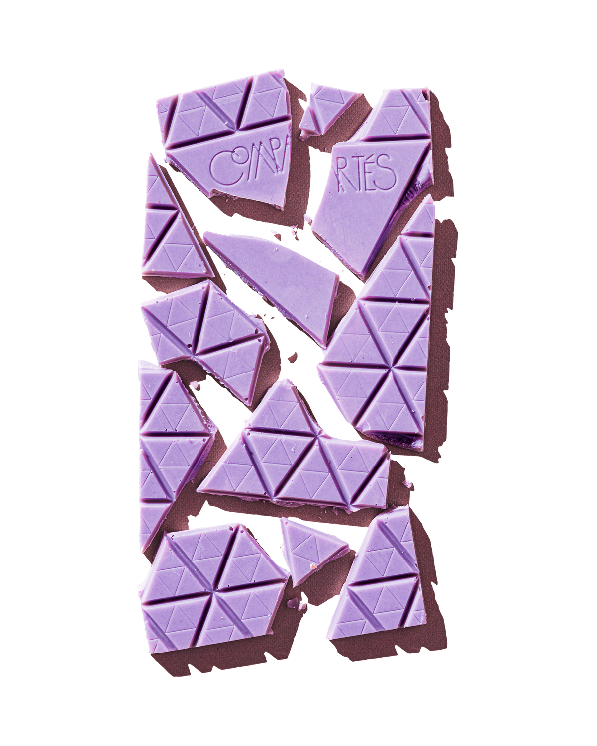 Compartes gourmet chocolate gift, purple lavender white chocolate bar with a faceted finish