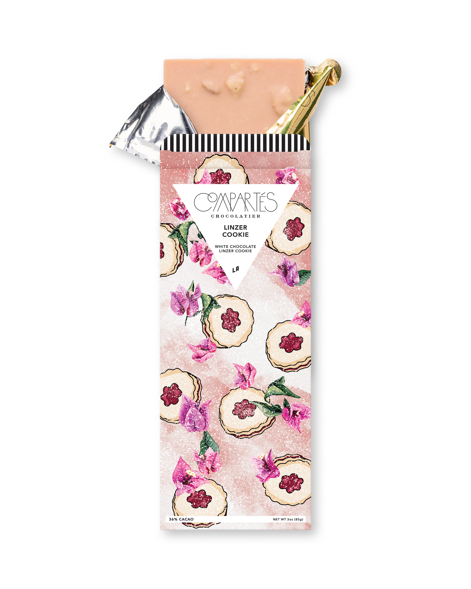 Compartes luxury linzer cookie chocolate gift bar, soft pink cookie and orchid wrapper, white chocolate, raspberry