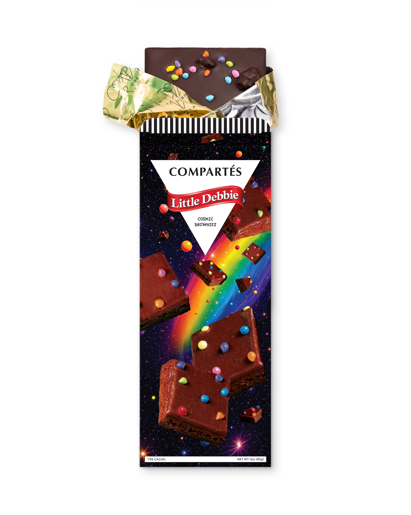 A Compétés Little Debbie cosmic brownies chocolate bar in its wrapper, with the gold foil wrapper partially peeled back at the top. The wrapper features a colorful design with brownies, and a rainbow on a starry space background.