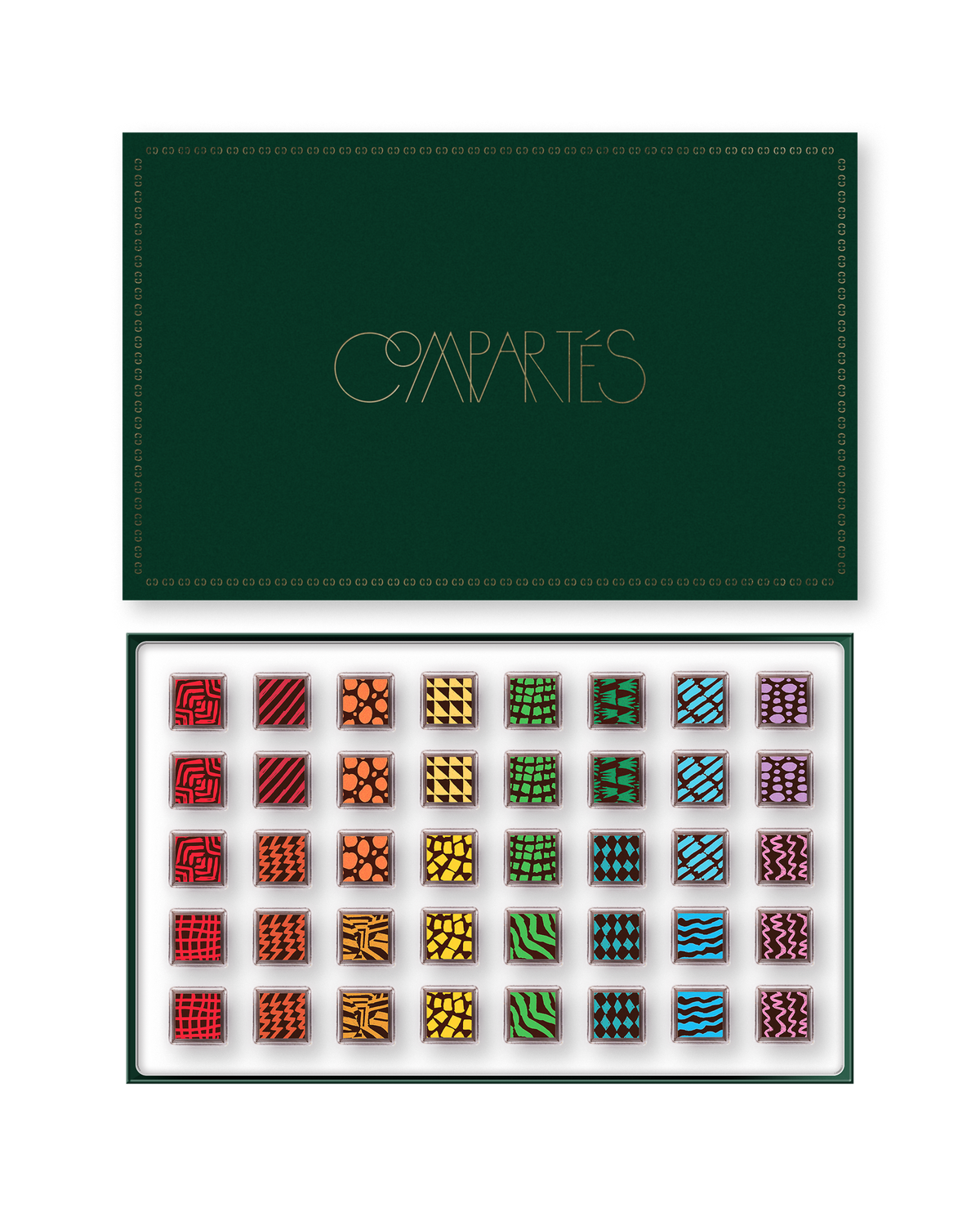 Compartes luxury signature chocolate truffles in a deep green gift box, squares in rich red, gold and green patterns