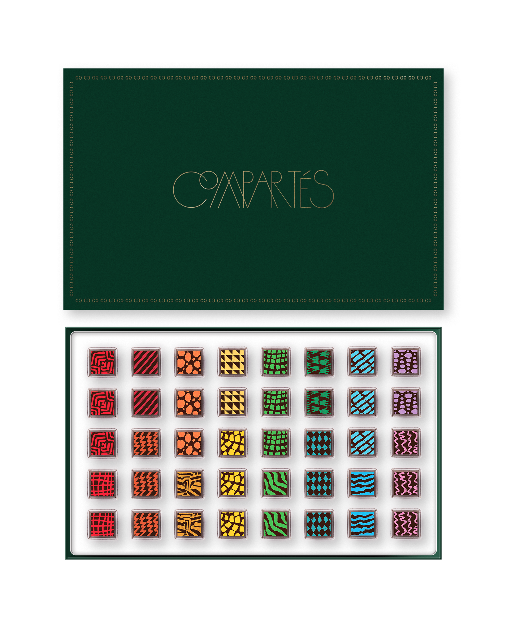 Compartes luxury signature chocolate truffles in a deep green gift box, squares in rich red, gold and green patterns