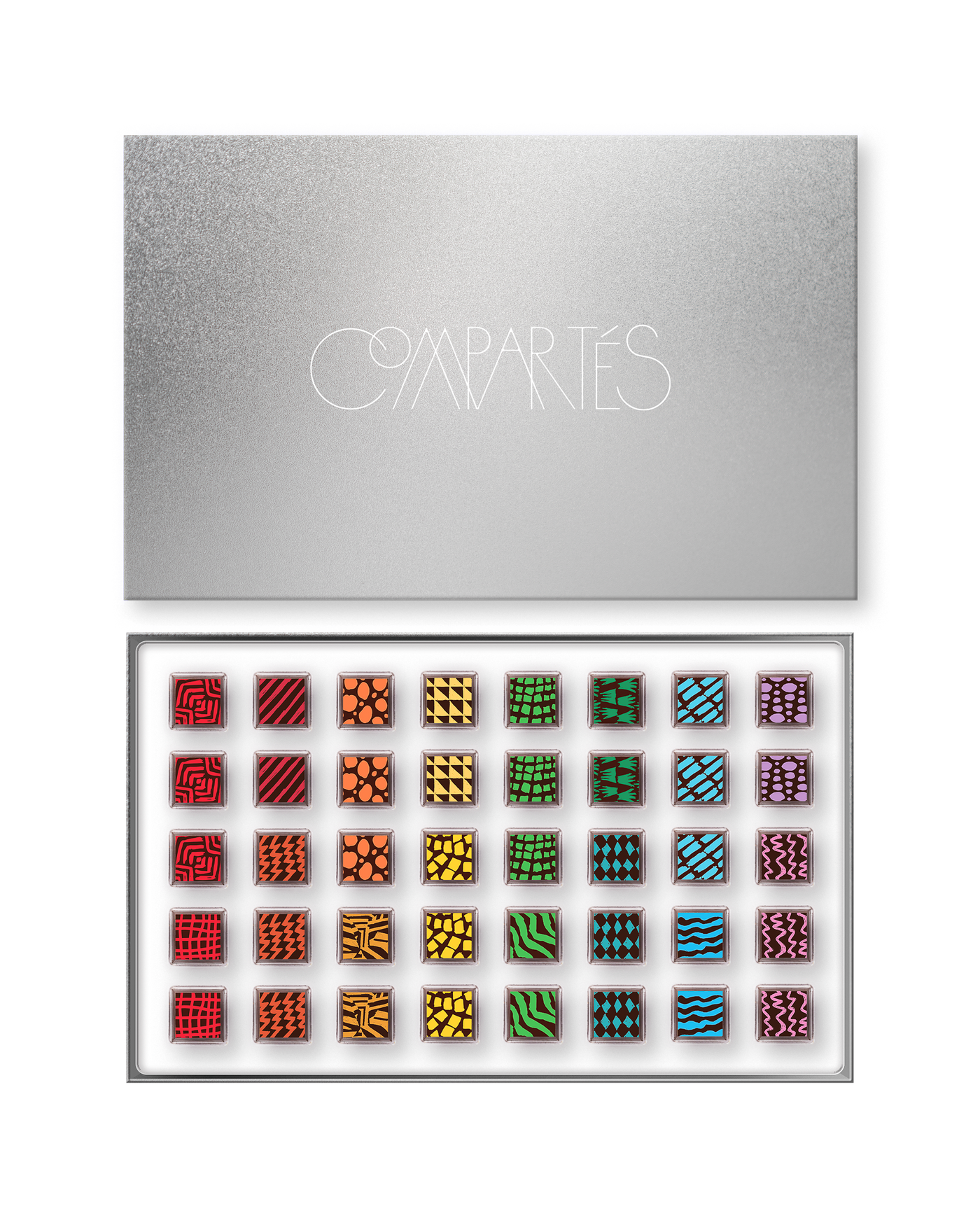 Compartes luxury signature chocolate truffles in a silver gift box, squares in rich red, green and blue patterns