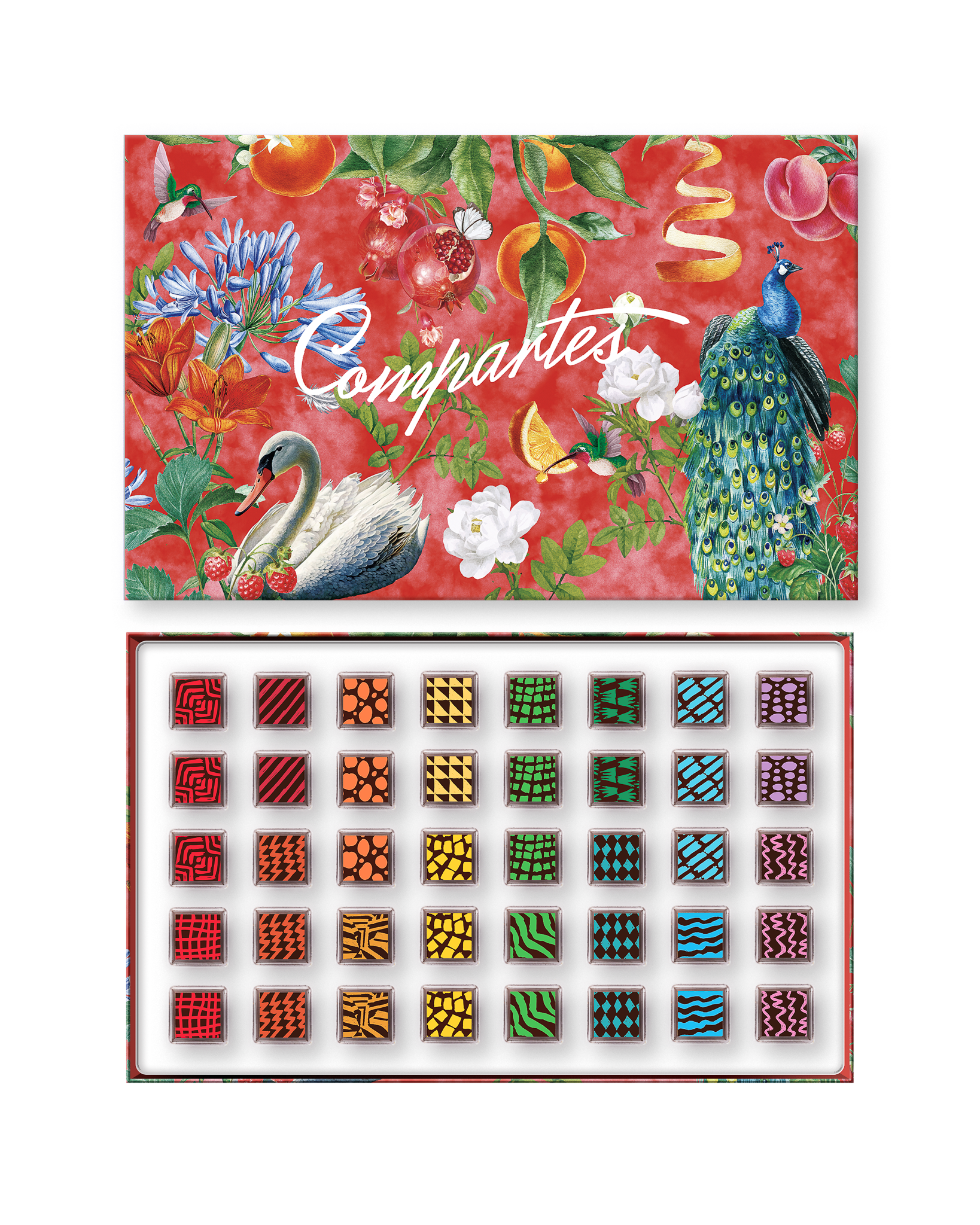 Compartes luxury chocolate truffles gift box, patterned squares under a red swan and peacock lid