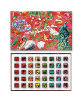 Compartes luxury chocolate truffles gift box, patterned squares under a red swan and peacock lid