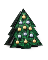 Compartes luxury chocolate Christmas tree gift box, open to green pine art and gold and silver ornaments
