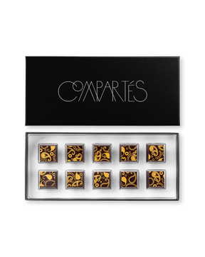 Compartes luxury Macallan scotch whiskey truffles, dark chocolate squares in gold paisley patterns, chocolate gift
