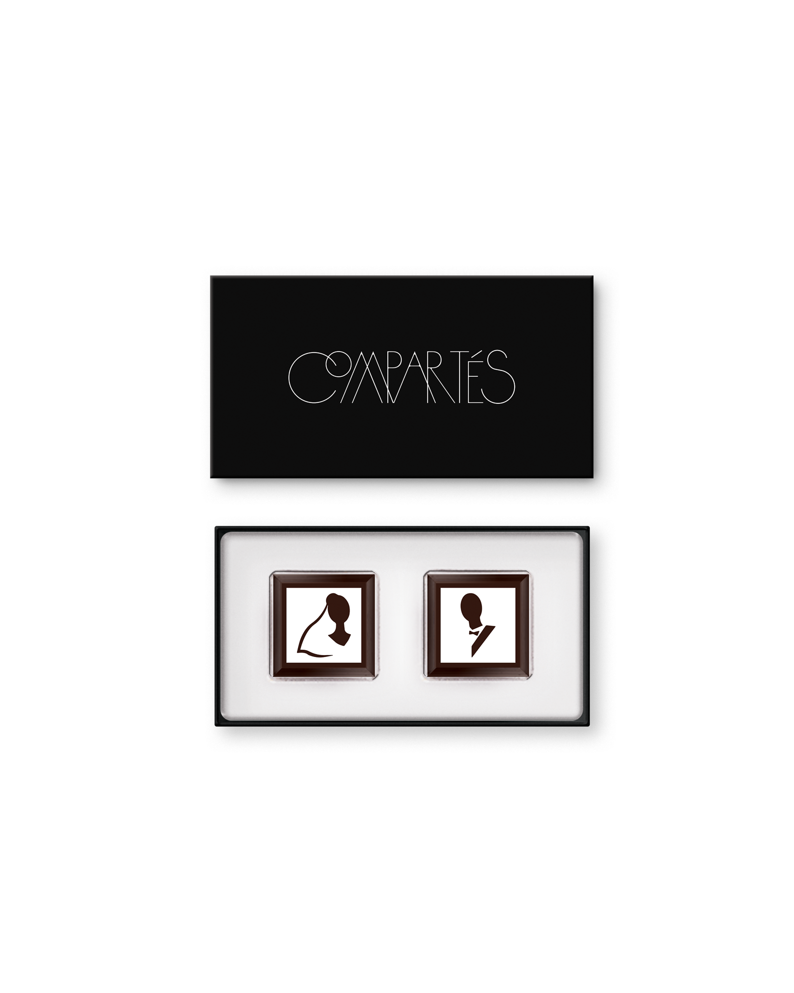 Compartes luxury chocolate wedding favor, white chocolate squares with bride and groom silhouettes, gift box, vanilla