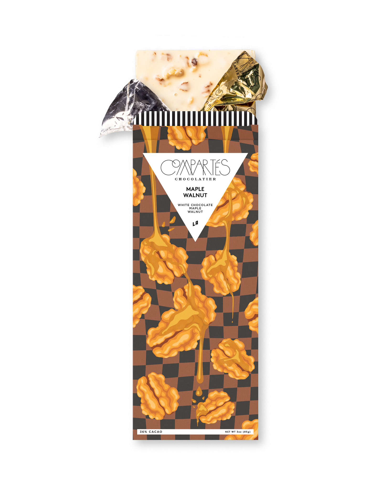 Compartes luxury maple walnut chocolate bar, white chocolate in a brown checkerboard walnut wrapper, chocolate gift