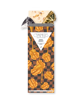 Compartes luxury maple walnut chocolate bar, white chocolate in a brown checkerboard walnut wrapper, chocolate gift