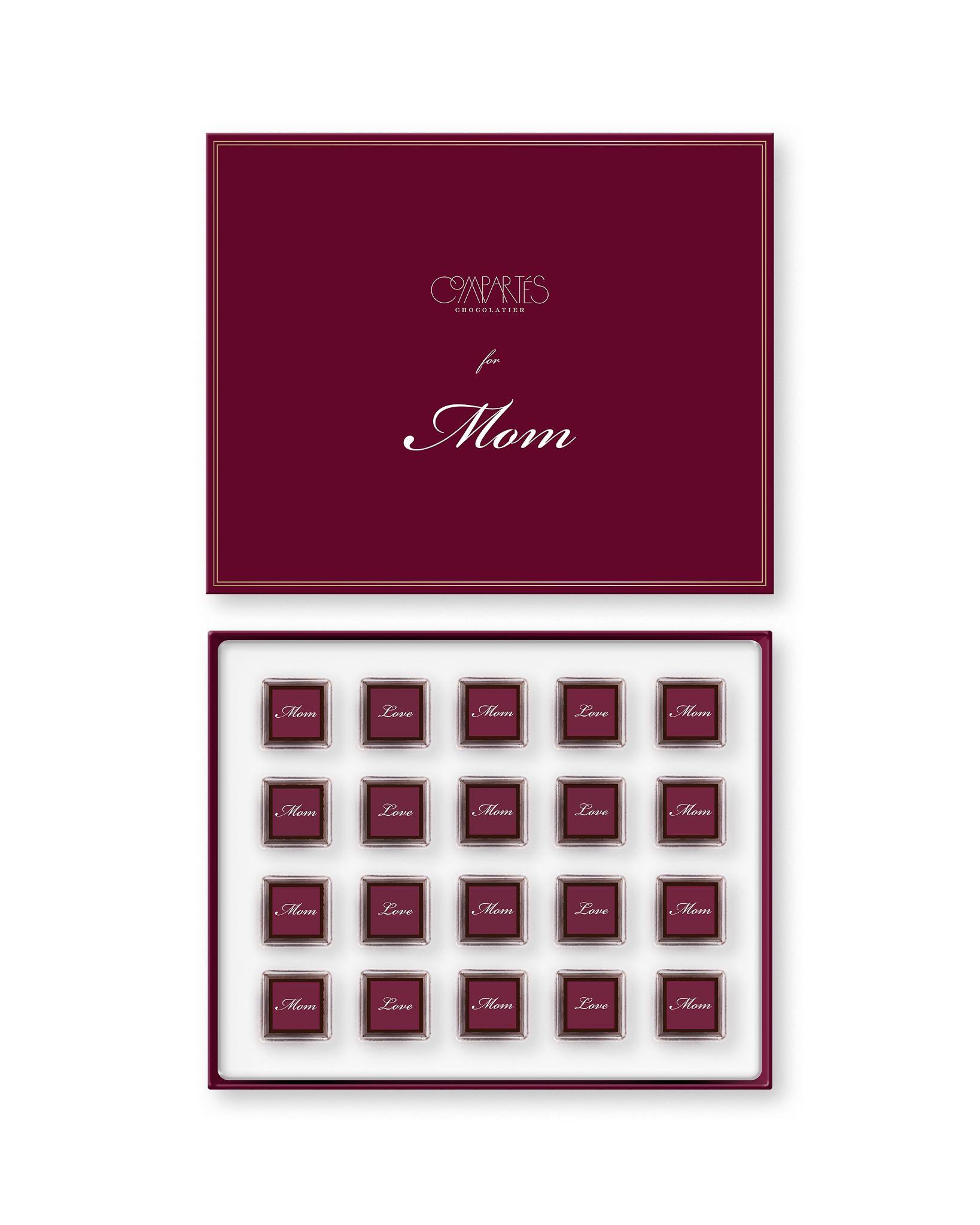Compartes best Mother's Day chocolate gift box, deep burgundy squares reading Mom and Love, champagne and orange