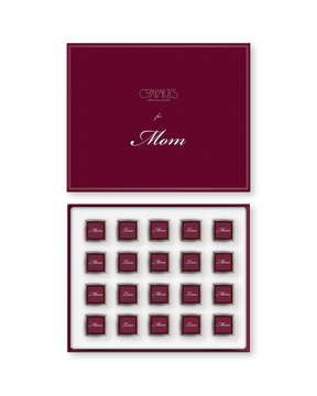 Compartes best Mother's Day chocolate gift box, deep burgundy squares reading Mom and Love, champagne and orange