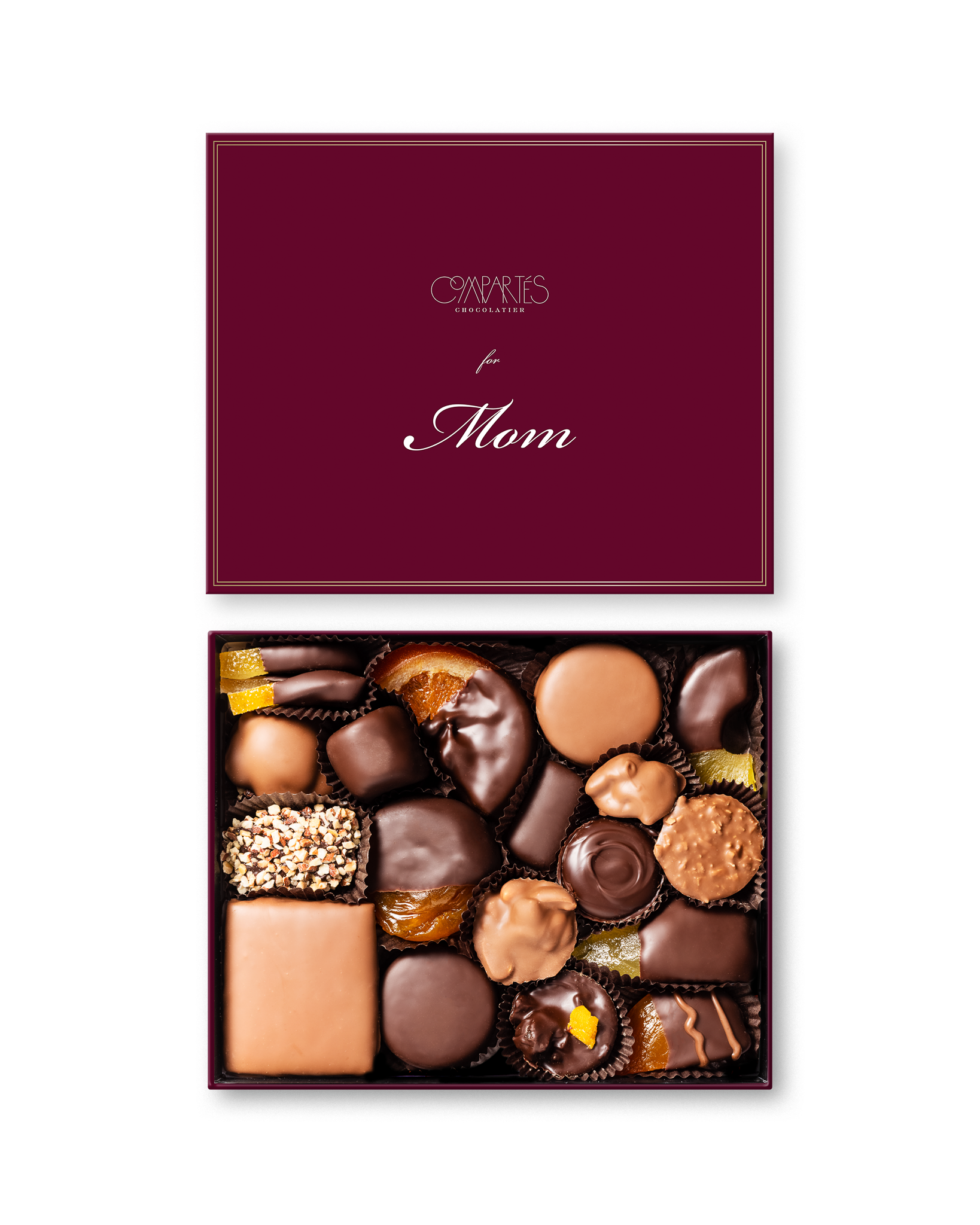 Compartes Mother's Day chocolates, world famous gourmet chocolate gift box with a burgundy for Mom lid