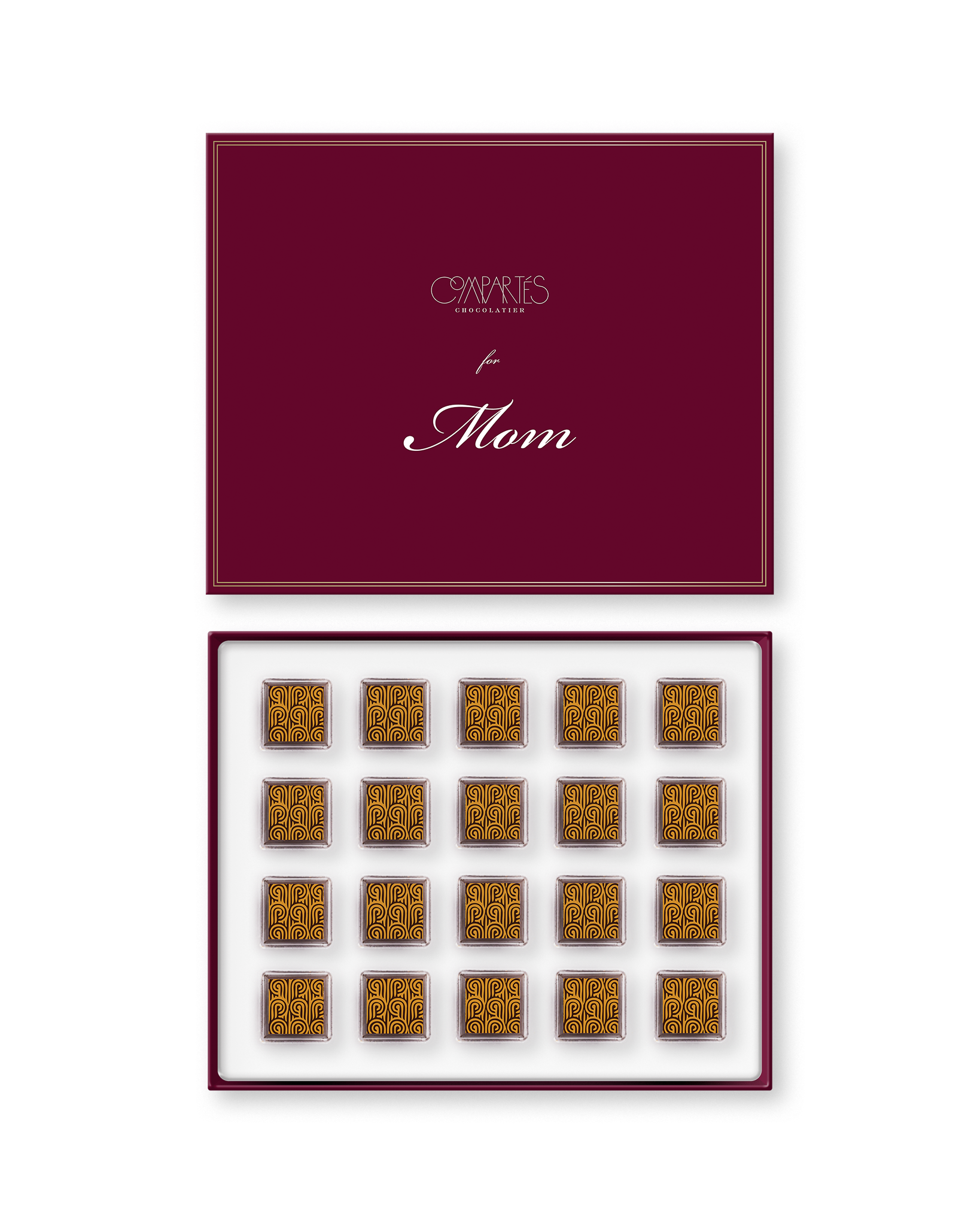 Compartes gourmet chocolate gift box for Mom, gold patterned champagne truffles under a burgundy lid