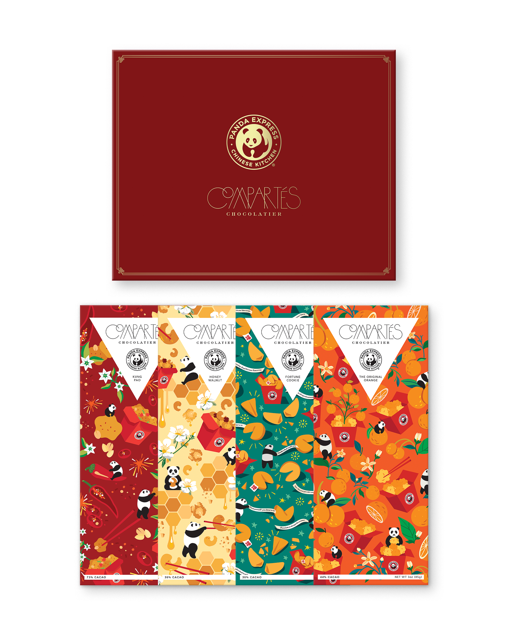 Compartes gourmet Panda Express chocolate bar gift set, panda wrappers under a deep red and gold lid