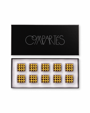 Compartes peanut butter sea salt gourmet chocolates, squares in deep gold and black triangles, chocolate gift