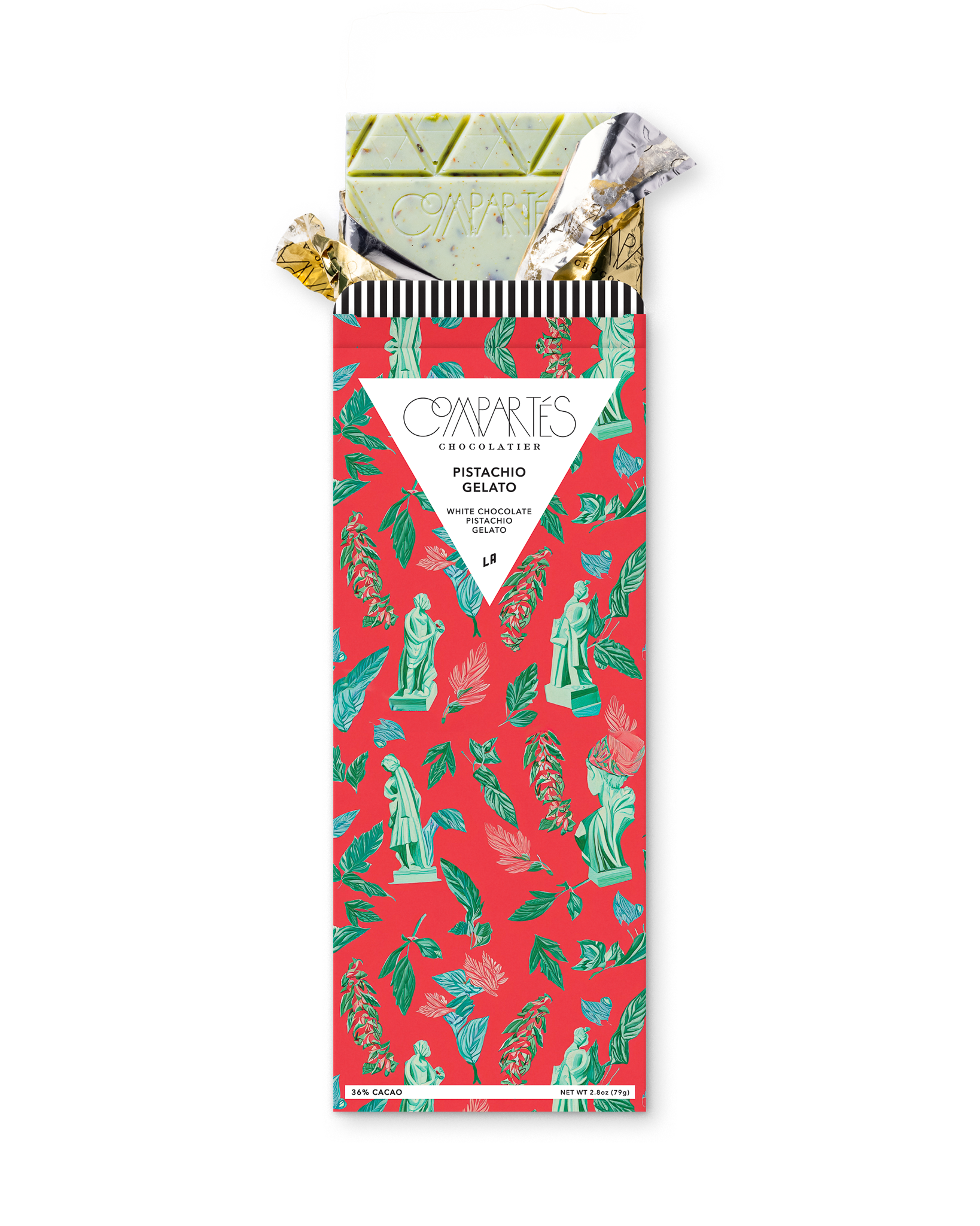 Compartes gourmet pistachio gelato chocolate bar, white chocolate in a red statue print wrapper, chocolate gift, sea salt