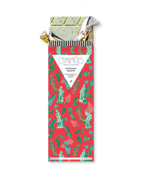Compartes gourmet pistachio gelato chocolate bar, white chocolate in a red statue print wrapper, chocolate gift, sea salt