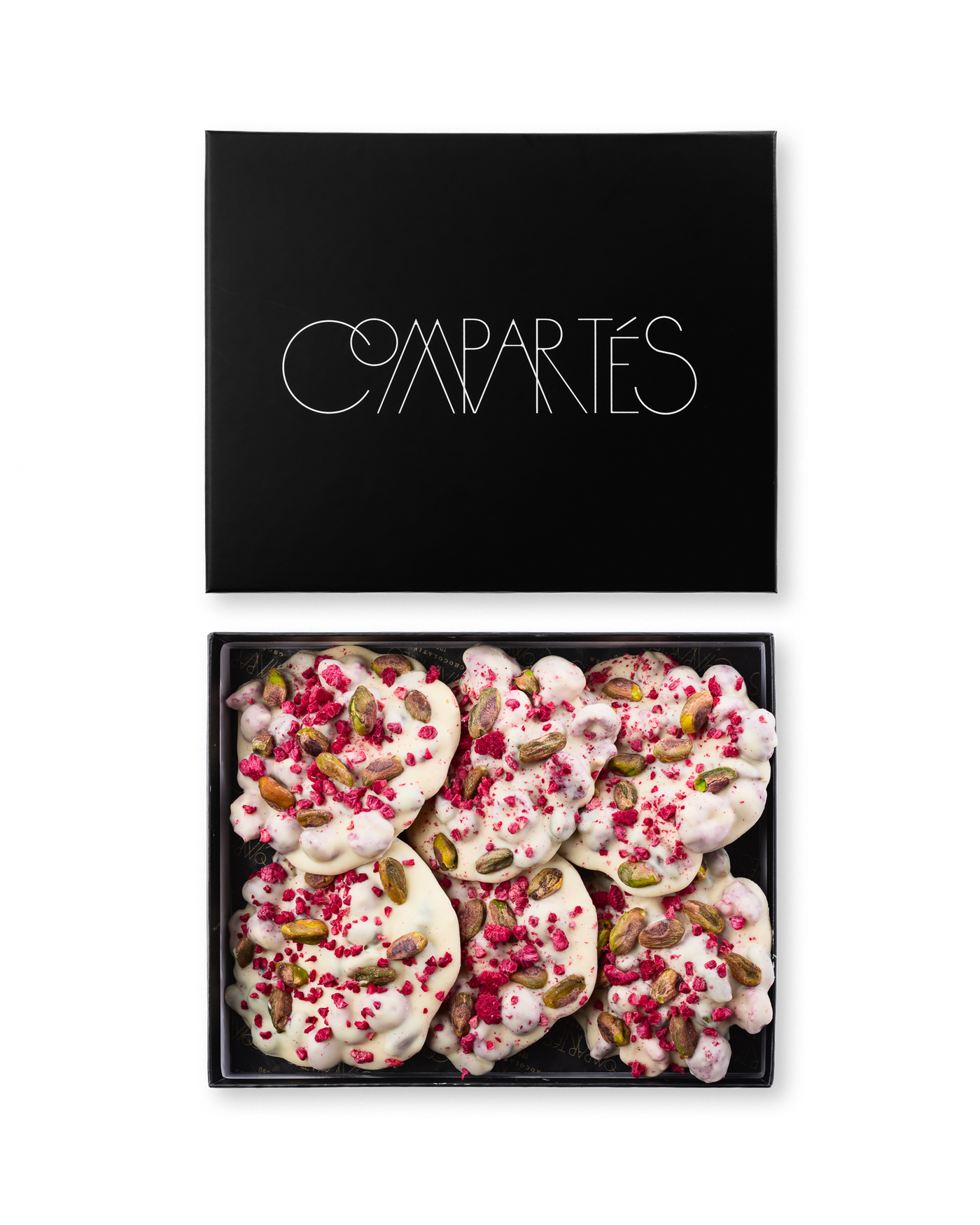 Compartes gourmet raspberry pistachio white chocolate bark, deep pink raspberry and green pistachio, chocolate gift