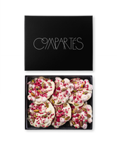 Compartes gourmet raspberry pistachio white chocolate bark, deep pink raspberry and green pistachio, chocolate gift