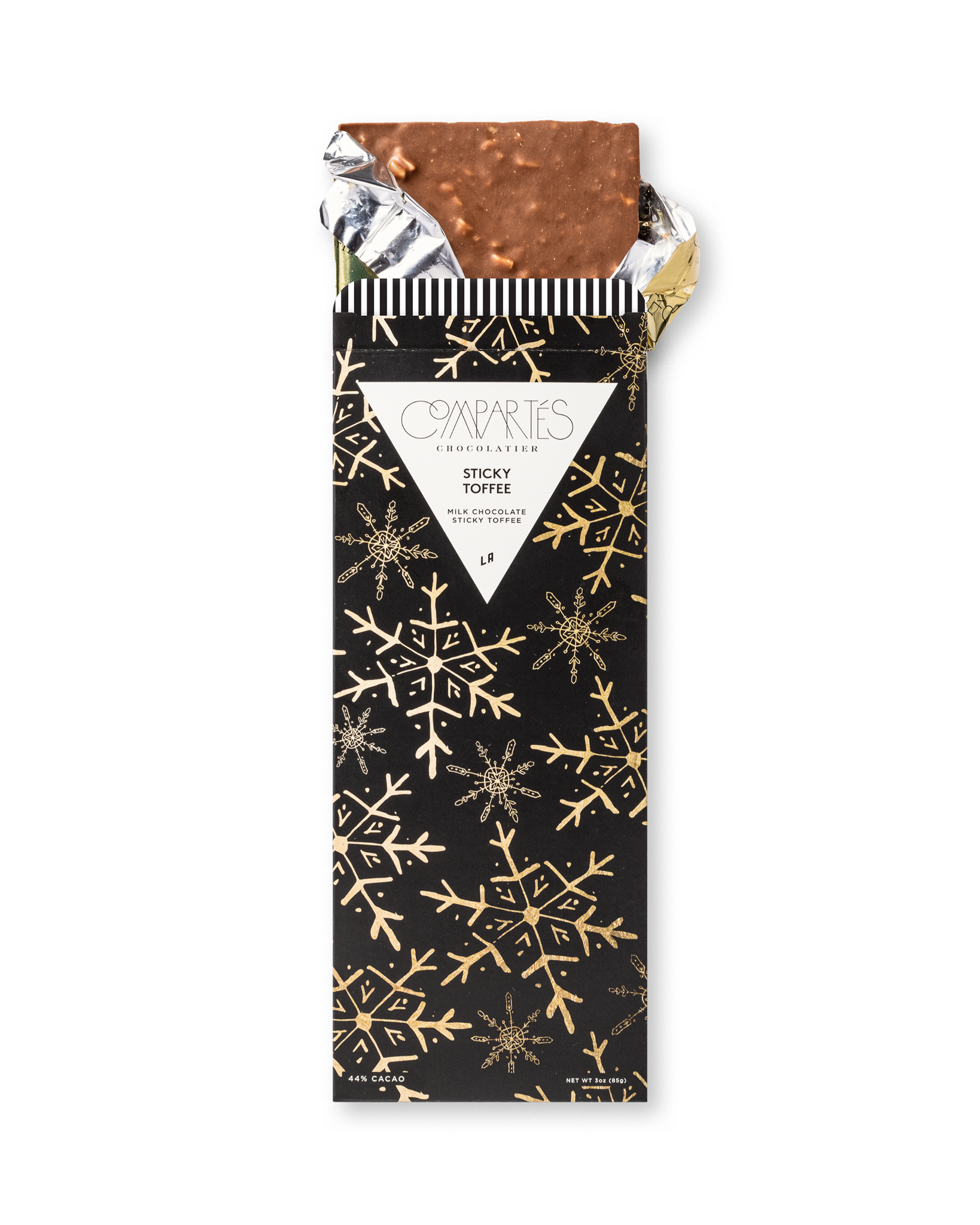 Compartes gourmet sticky toffee chocolate bar, milk chocolate in a black and gold snowflake wrapper, chocolate gift, date